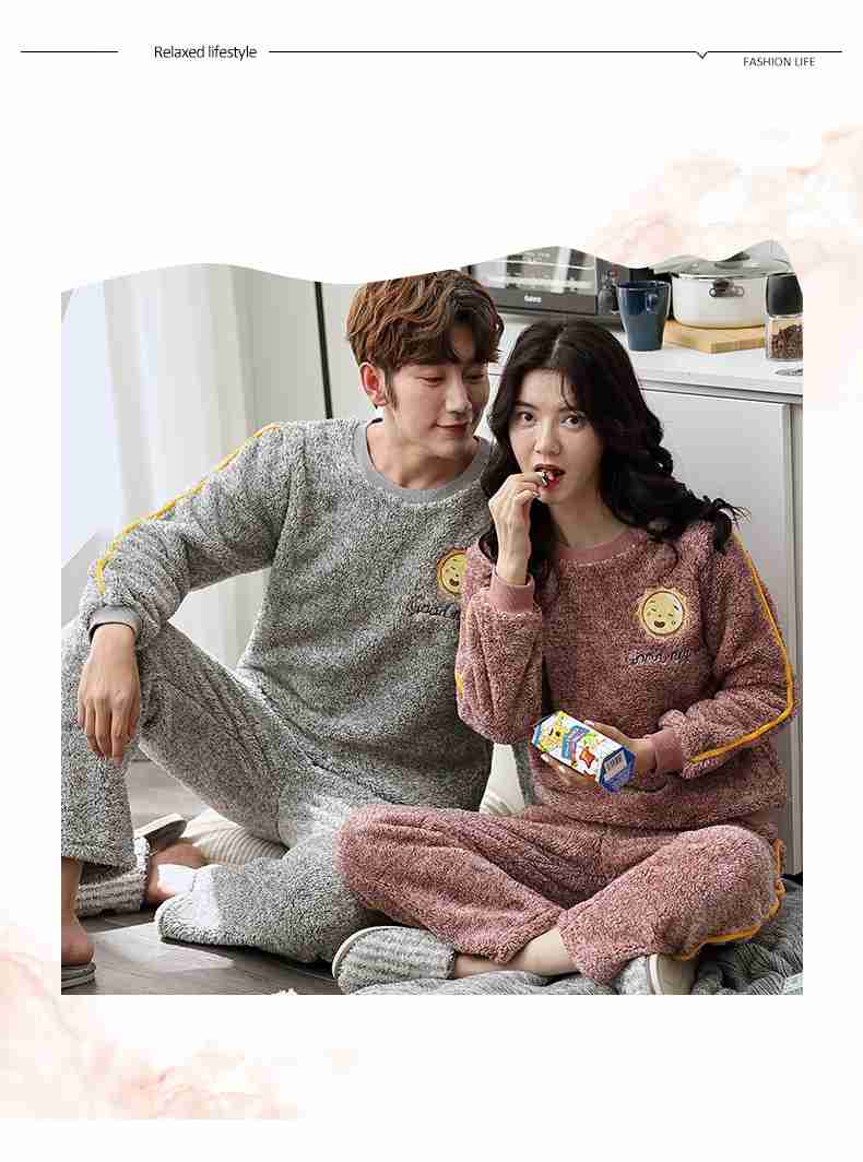 Coral fleece long-sleeved plus velvet thick flannel couple pajamas warm home suit on sale