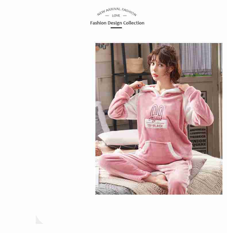Coral fleece with hat thickened couple flannel pajamas set on sale