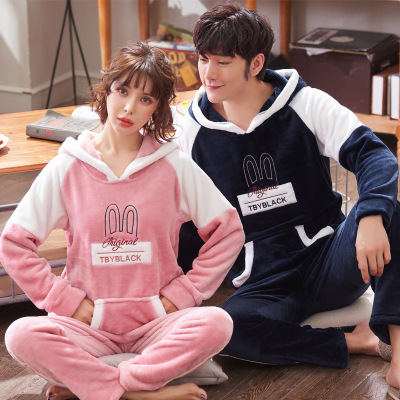 Coral fleece with hat thickened couple flannel pajamas set on sale