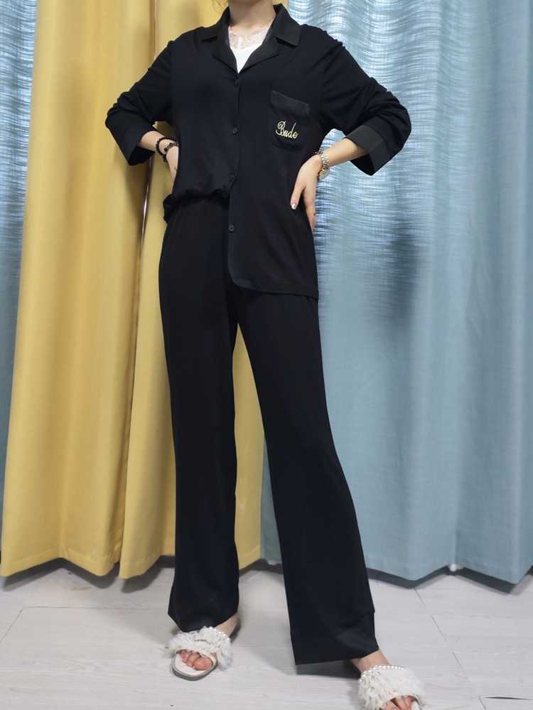 Pure cotton long-sleeved thin lapel black large size women's pajamas home service suit on sale 7