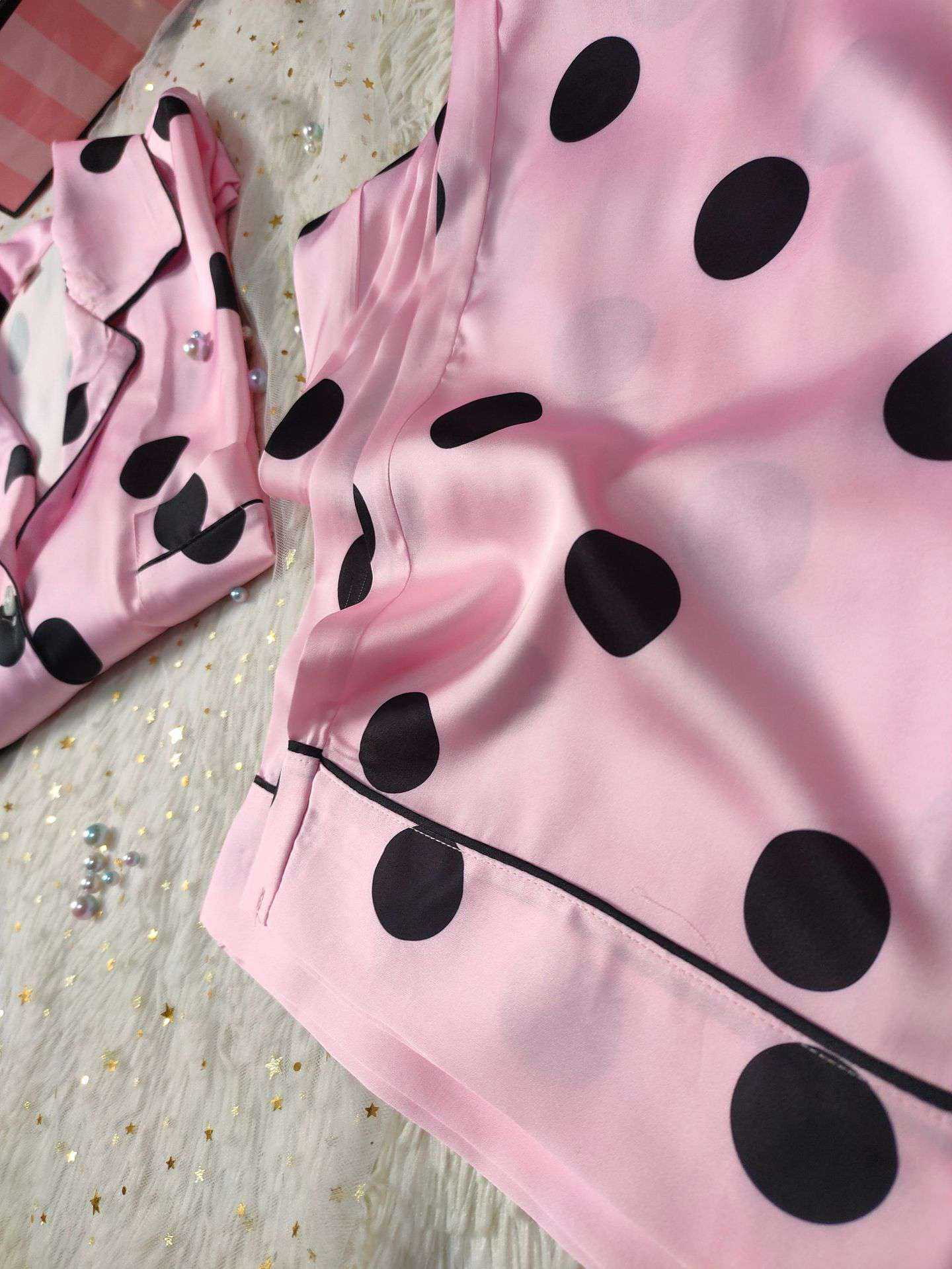 VS thin solid color polka dot printing long-sleeved trousers womens pajamas on sale 8