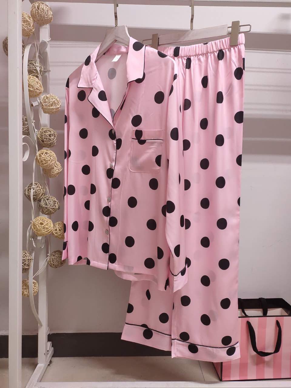VS thin solid color polka dot printing long-sleeved trousers womens pajamas on sale 14