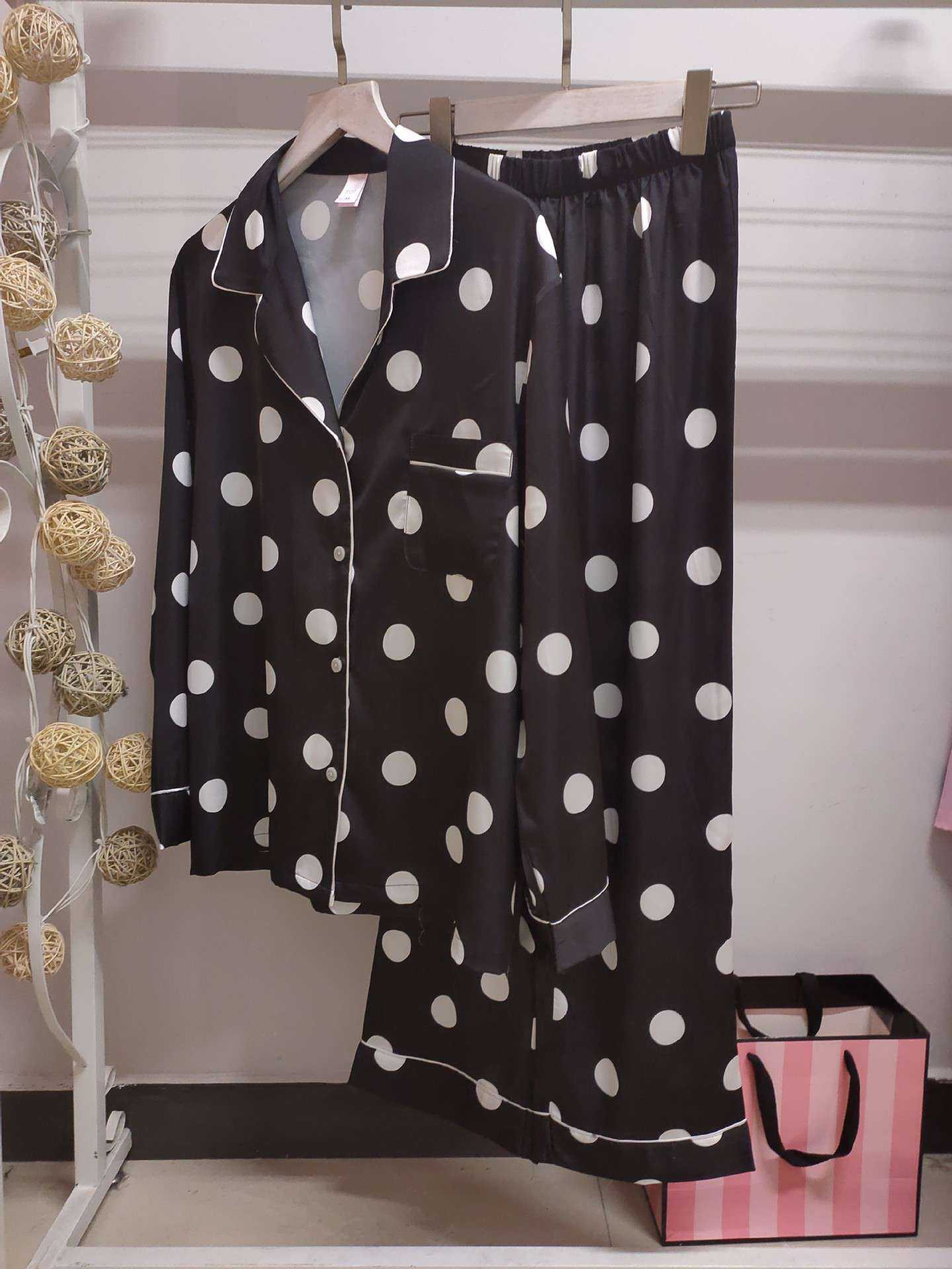 VS thin solid color polka dot printing long-sleeved trousers womens pajamas on sale 2