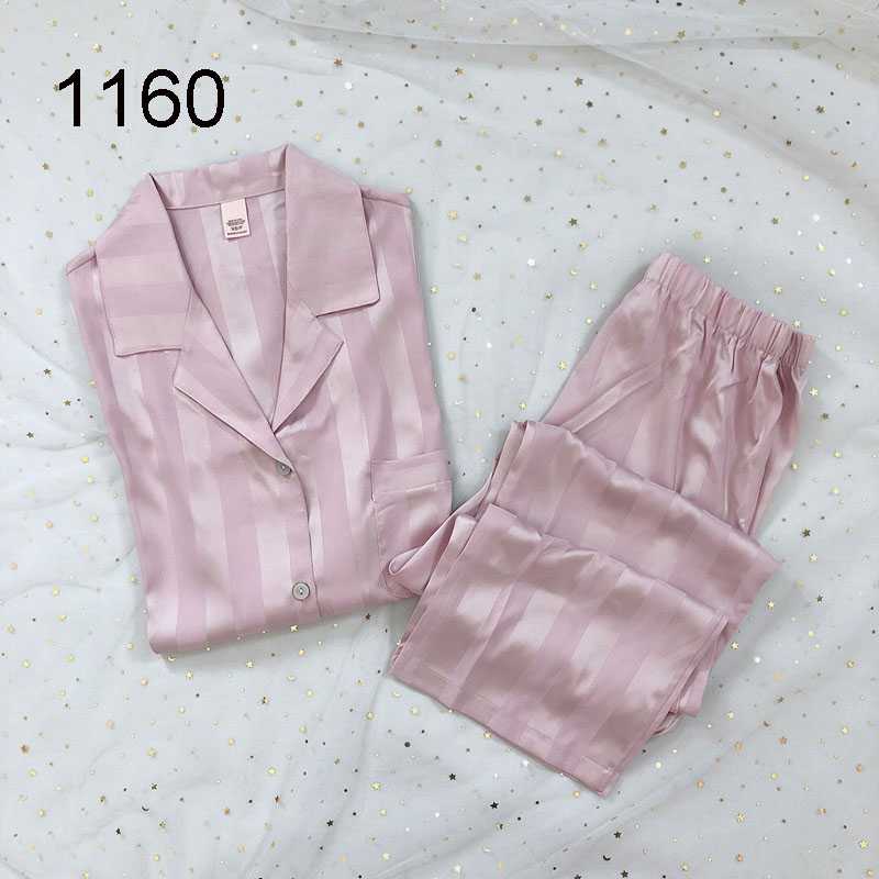 VS Ice Silk Satin Striped Short Sleeve Pants Two-Piece Women's Nightwear on sale 39