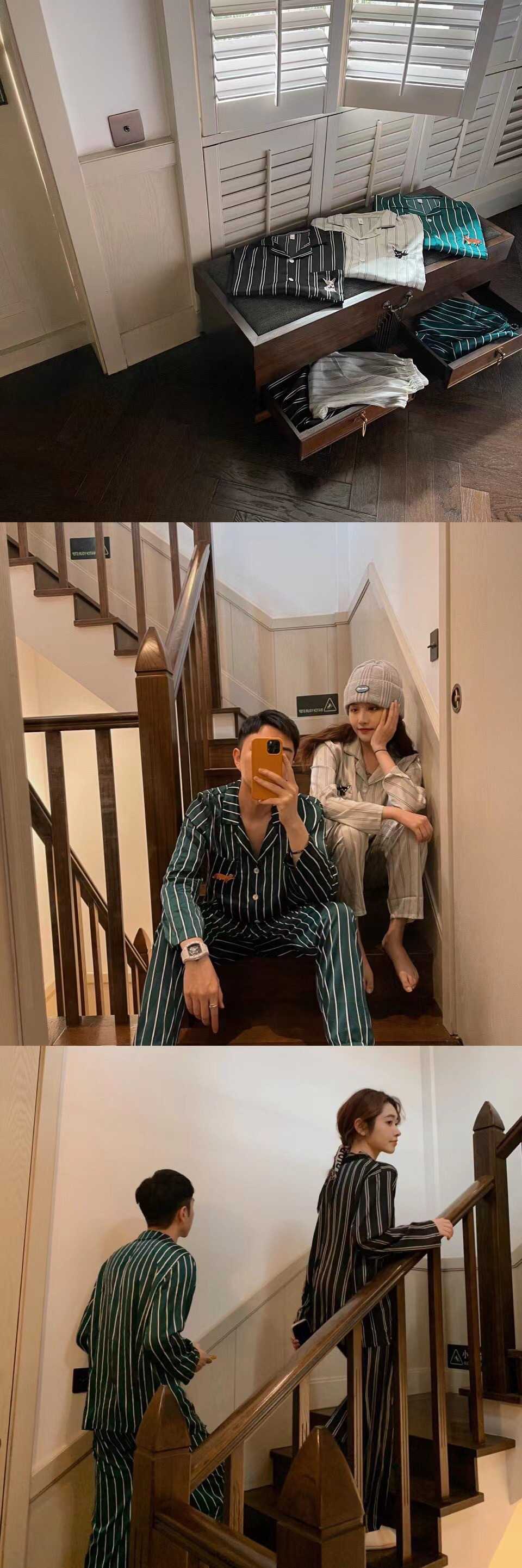 Brutalist womens and mens ice silk striped couple pajamas home service on sale 2