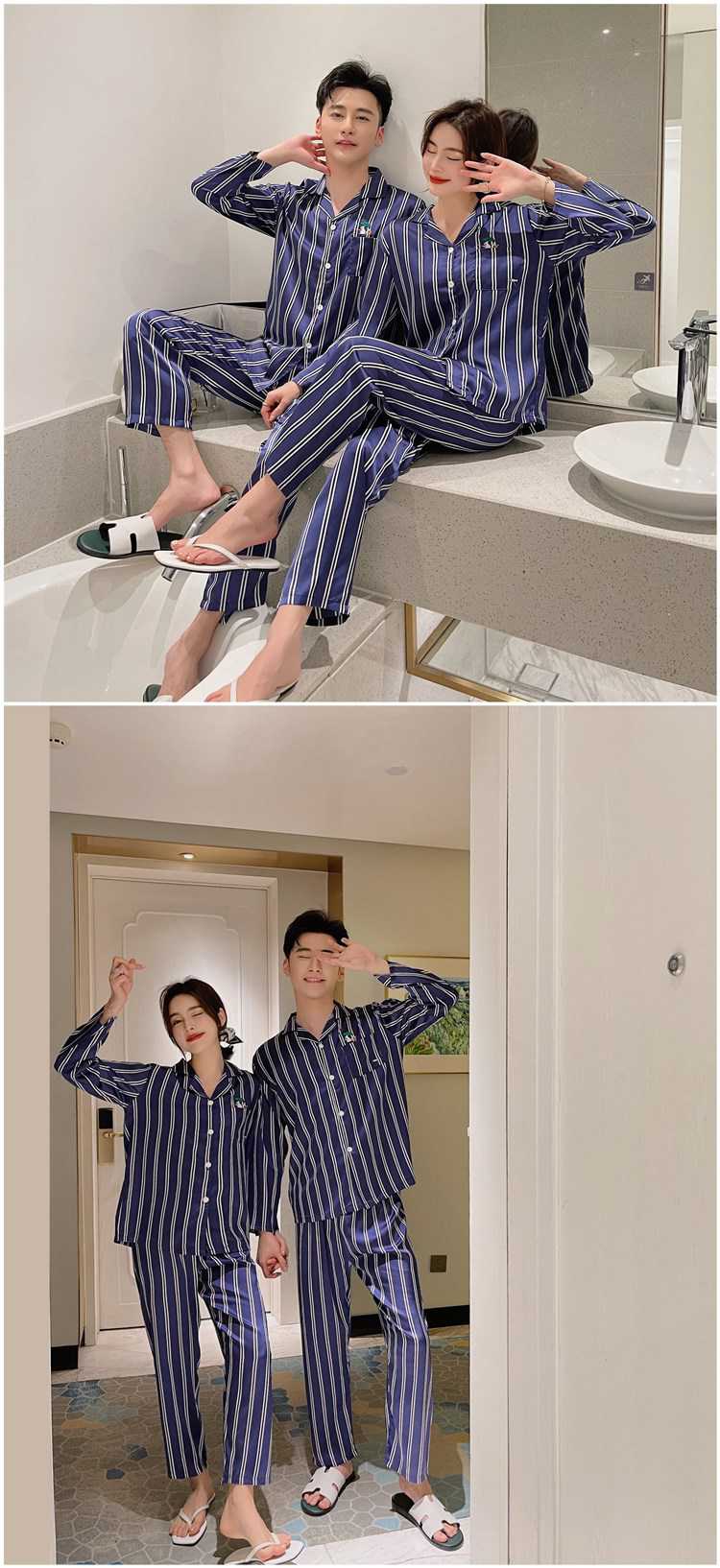 Brutalist womens and mens ice silk striped couple pajamas home service on sale 4