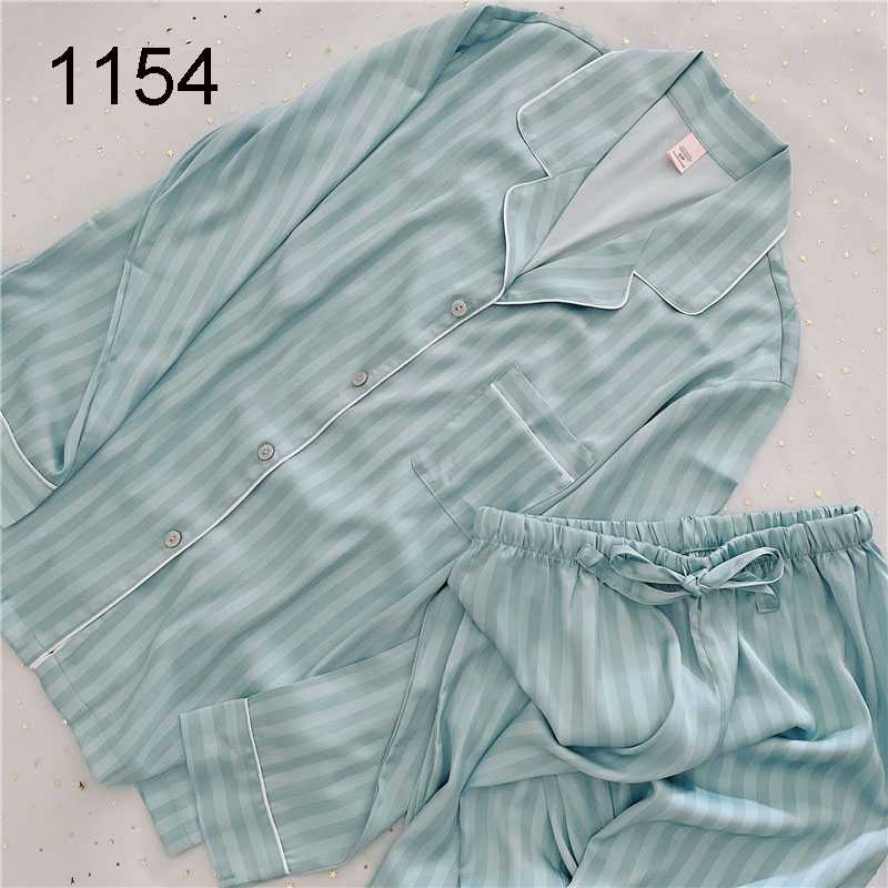 VS Tiff blue slippery striped ice silk long-sleeved two-piece female pjs on sale 7