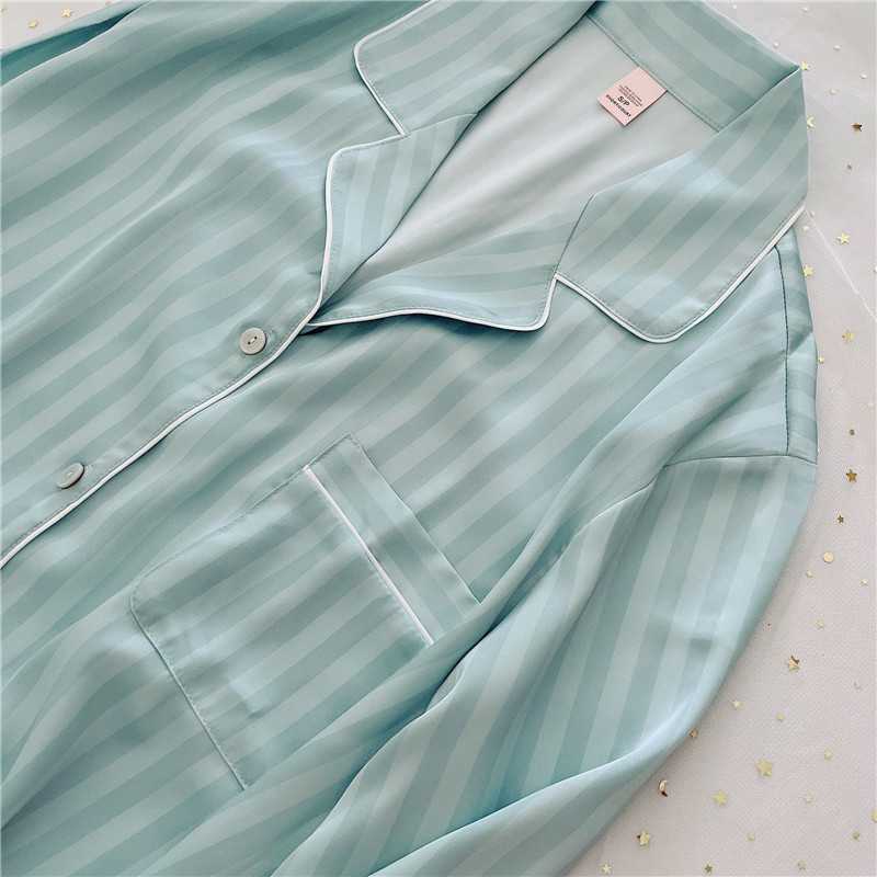 VS Tiff blue slippery striped ice silk long-sleeved two-piece female pjs on sale 24