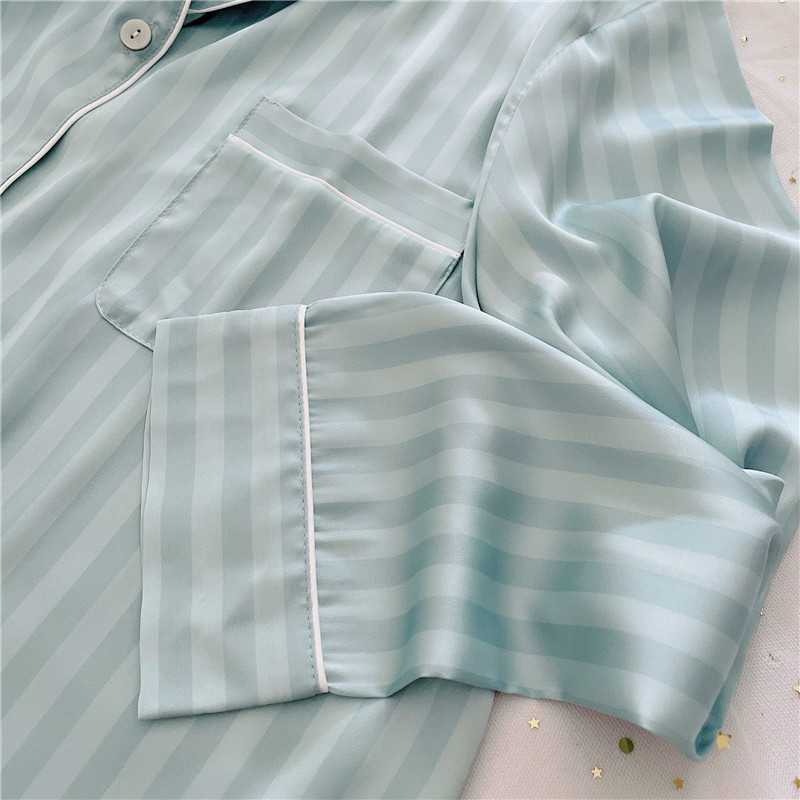 VS Tiff blue slippery striped ice silk long-sleeved two-piece female pjs on sale 27