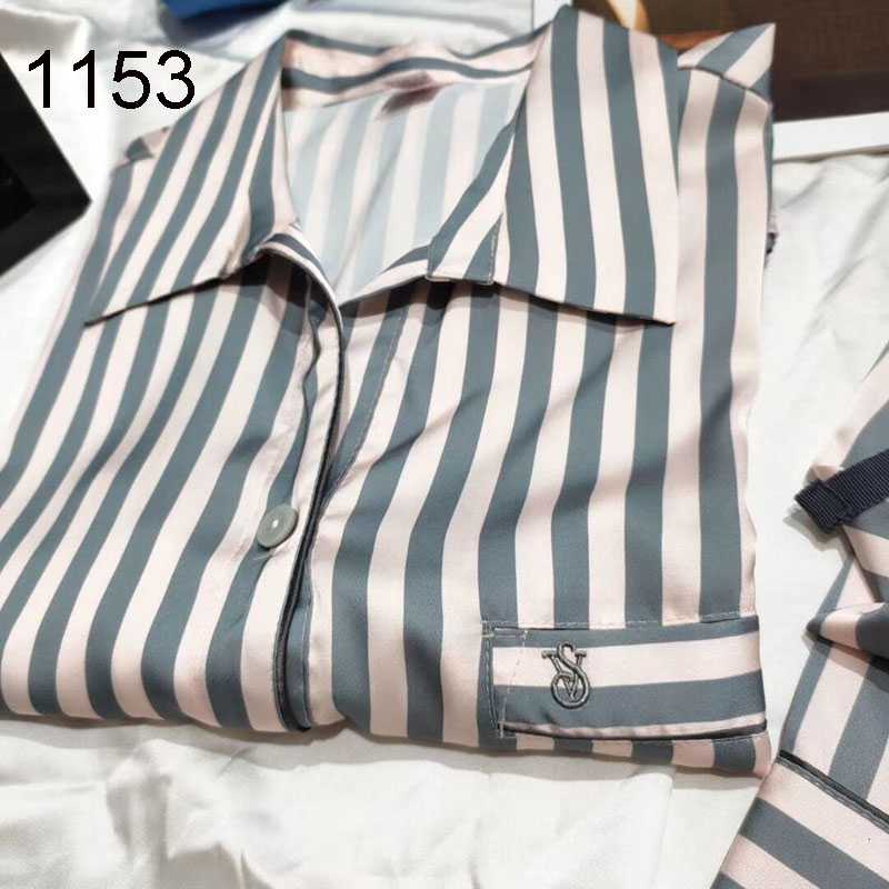 VS Tiff blue slippery striped ice silk long-sleeved two-piece female pjs on sale 3