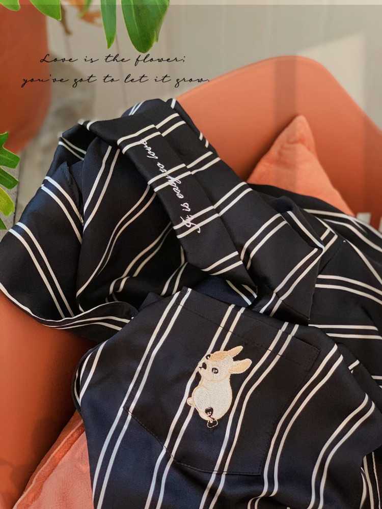 Ice silk long-sleeved thin section milk dog striped couple pajamas home service on sale 6