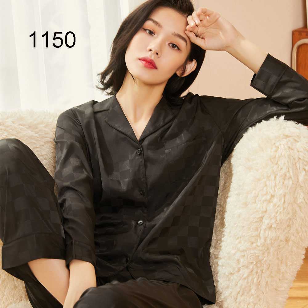 VS small lapel black and white color satin jacquard long-sleeved Silk Nightwear on sale 9