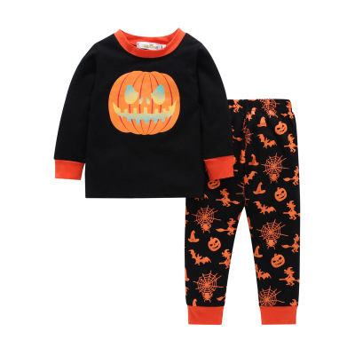 Halloween autumn pumpkin head two-piece pajamas set for boys and girls aged 2-7 on sale 2