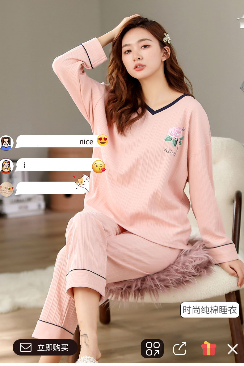 Long Sleeve Spring and Autumn Style Pink Rose Pattern Women's Homewear Suit on sale 1