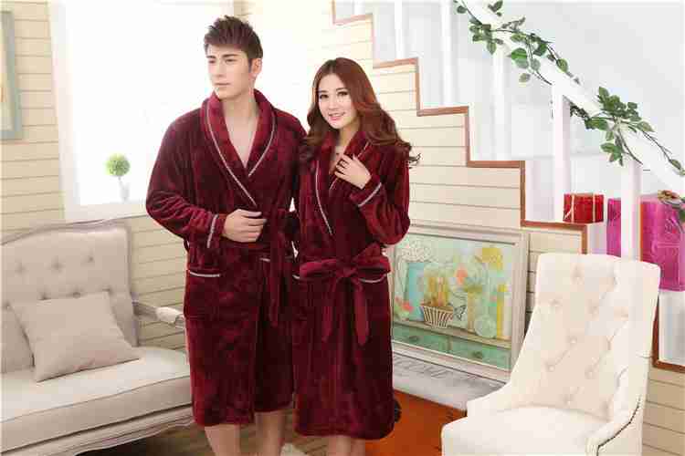 Men's and women's couple models coral fleece thick flannel home bathrobe pajamas on sale