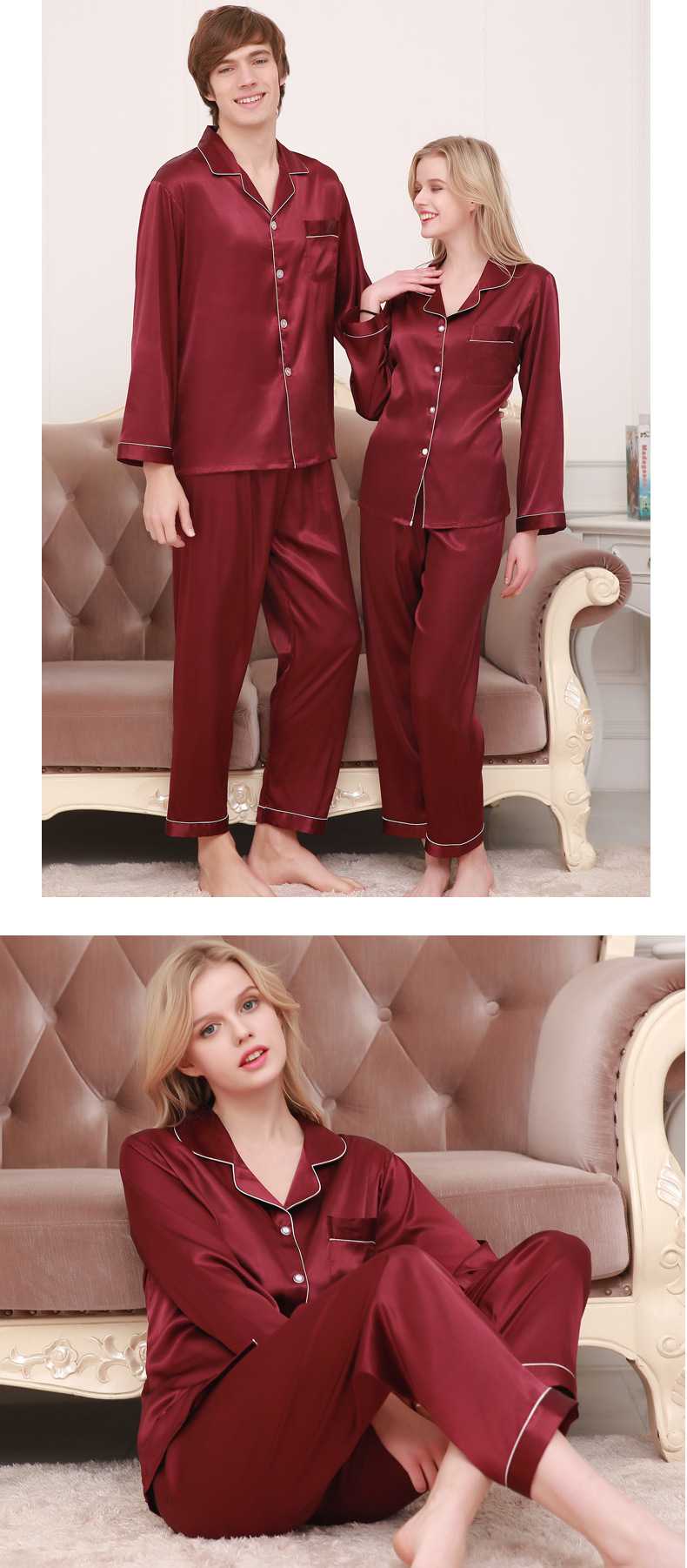 New couple pajamas ice silk long sleeve large size home service suit on sale 7