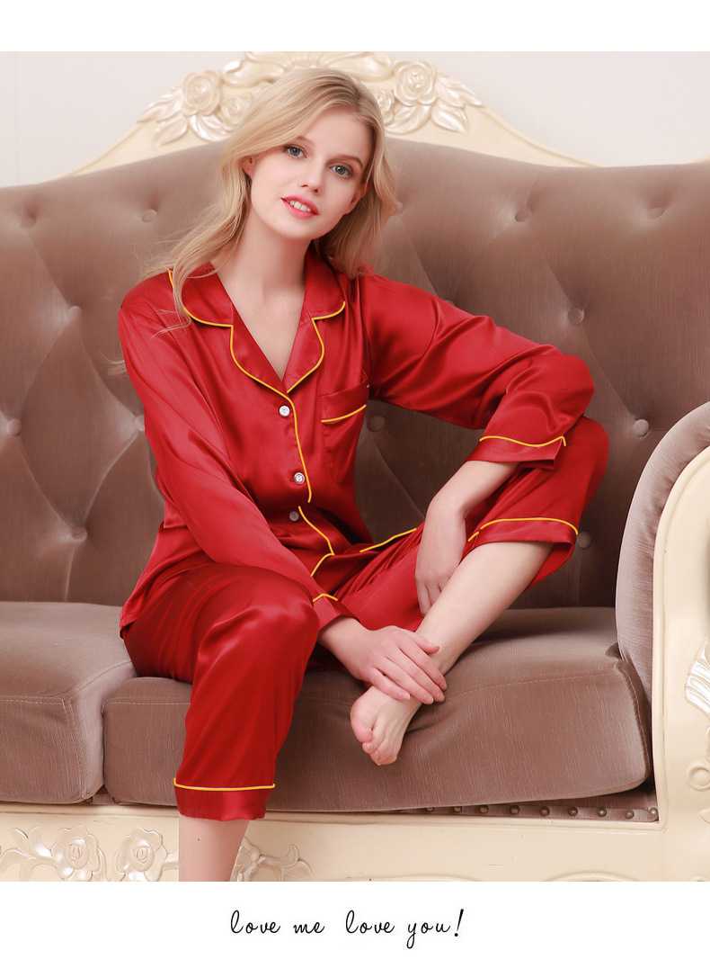New couple pajamas ice silk long sleeve large size home service suit on sale 13