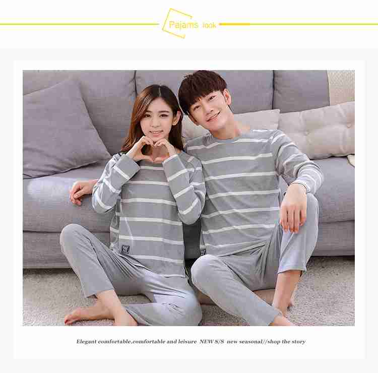 Korean cartoon couple long sleeve cotton men and women casual suit pajamas home service on sale
