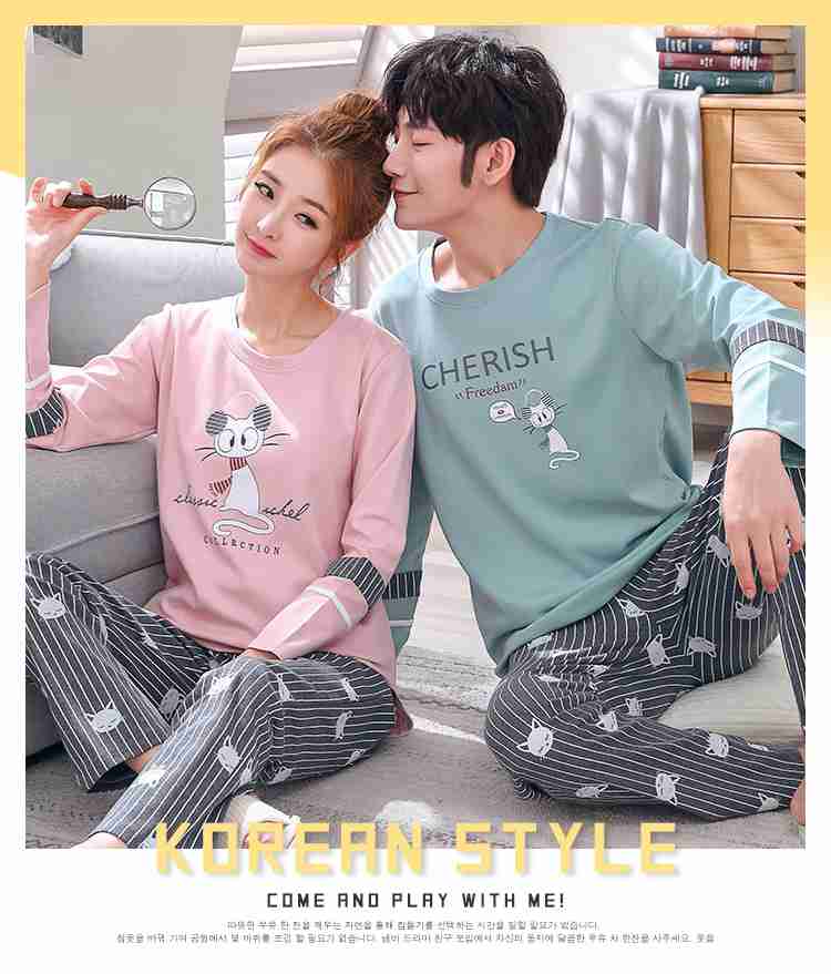 Korean cartoon couple long sleeve cotton men and women casual suit pajamas home service on sale