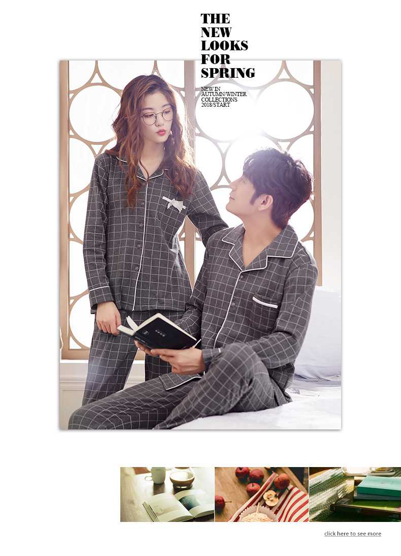 Cotton long-sleeved cardigan plaid casual home wear couple pajamas set on sale