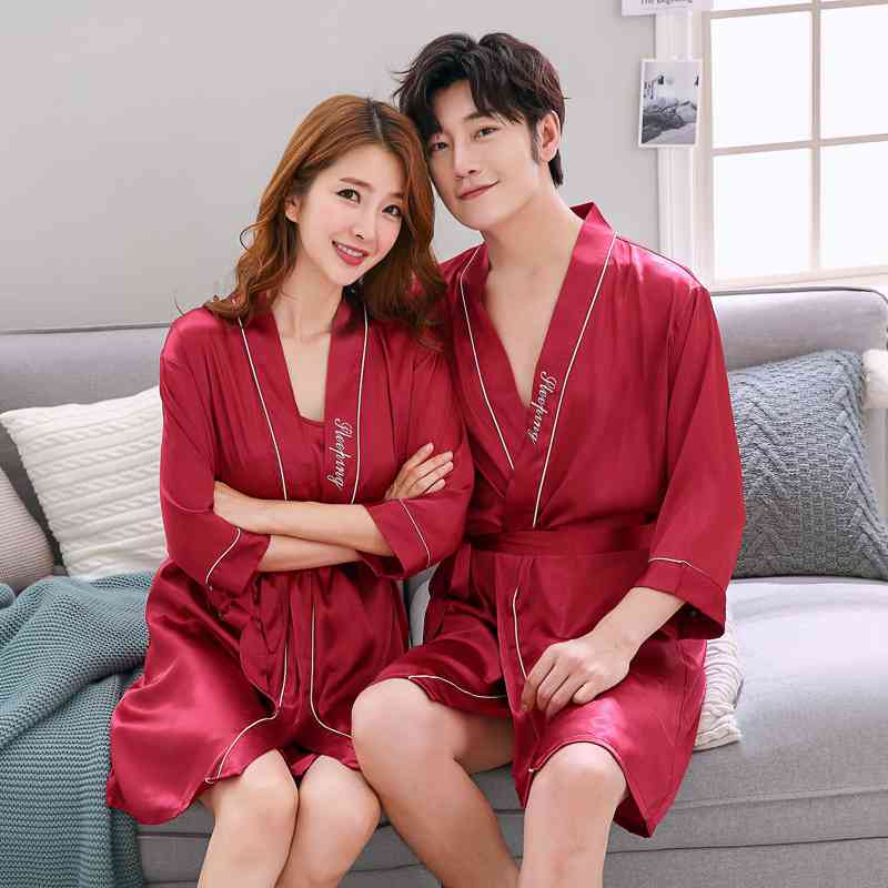 Silk Sensual Home Two-piece Breathable Comfortable Sweet Simple Couple Nightgown on sale