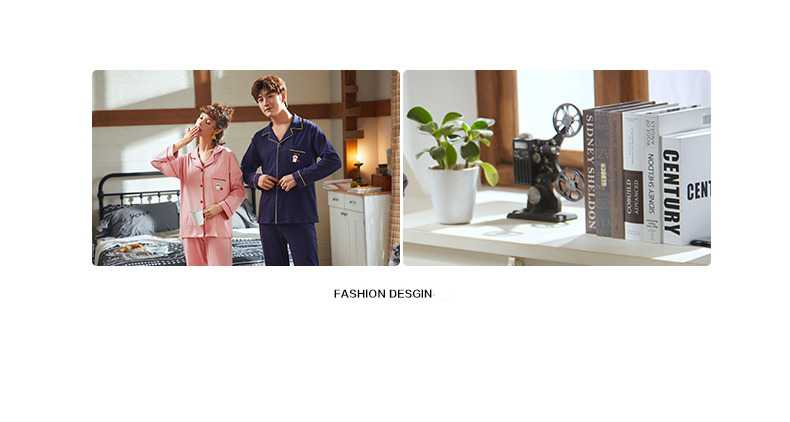 Korean Couple Lapel Long Sleeve Cotton Cardigan Home Service Pajamas Set on sale