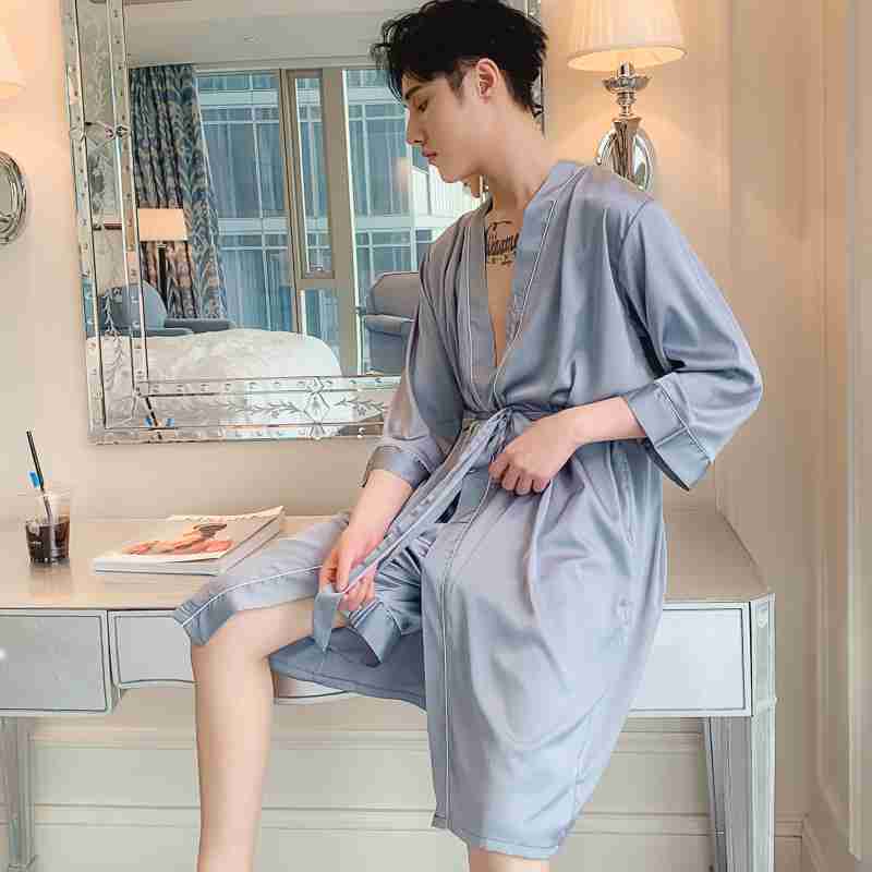 Simulation silk sexy suspenders night skirt Two-piece Female And Male Couple Nightgown on sale
