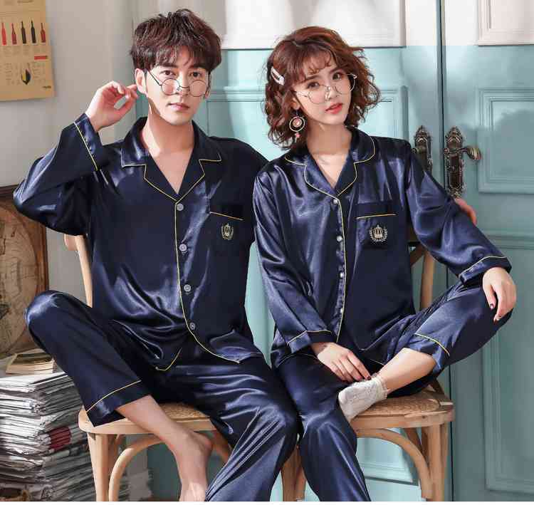 Love Heart New Simulation Silk Long Sleeve Couple Pajamas Sets on sale 6