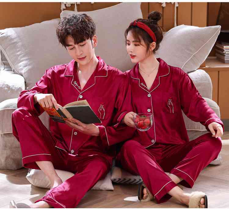 Love Heart New Simulation Silk Long Sleeve Couple Pajamas Sets on sale 7