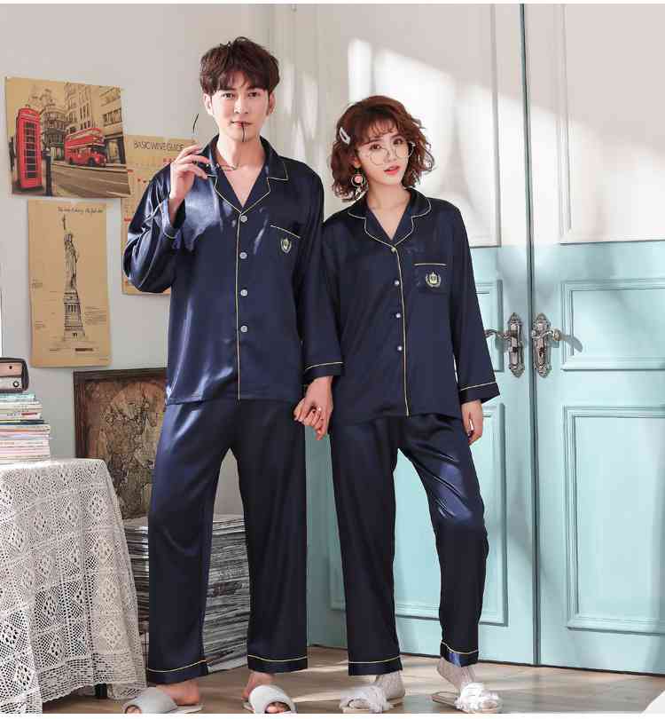 Love Heart New Simulation Silk Long Sleeve Couple Pajamas Sets on sale 9