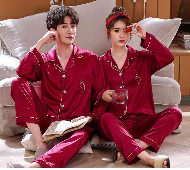 Love Heart New Simulation Silk Long Sleeve Couple Pajamas Sets on sale 11