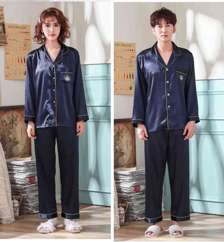 Love Heart New Simulation Silk Long Sleeve Couple Pajamas Sets on sale 13