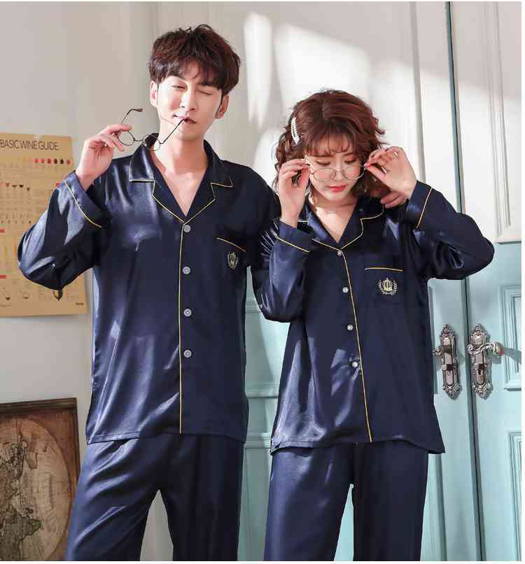 Love Heart New Simulation Silk Long Sleeve Couple Pajamas Sets on sale 14