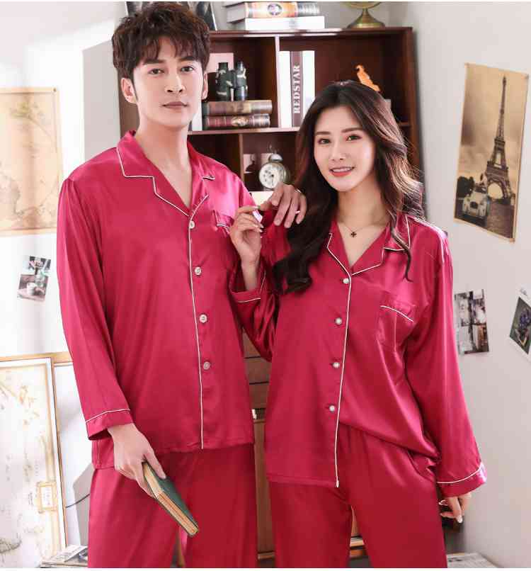 Love Heart New Simulation Silk Long Sleeve Couple Pajamas Sets on sale 15