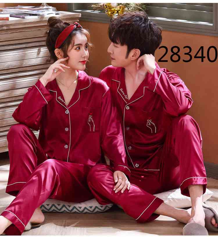 Love Heart New Simulation Silk Long Sleeve Couple Pajamas Sets on sale 16