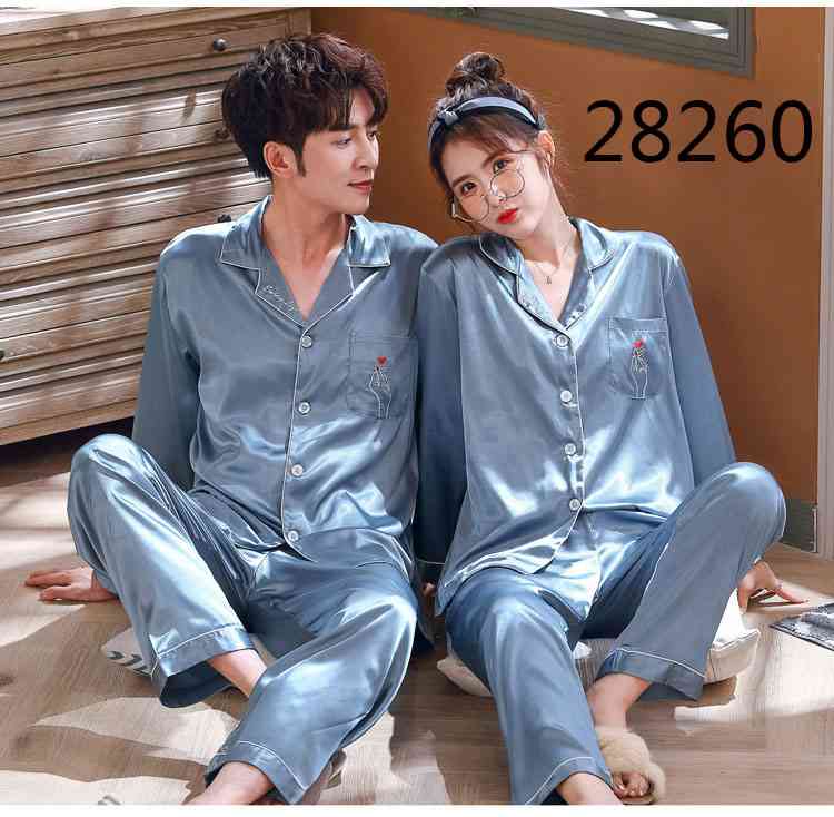 Love Heart New Simulation Silk Long Sleeve Couple Pajamas Sets on sale 17