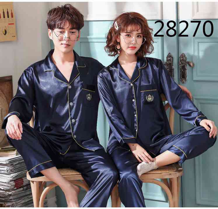 Love Heart New Simulation Silk Long Sleeve Couple Pajamas Sets on sale 22