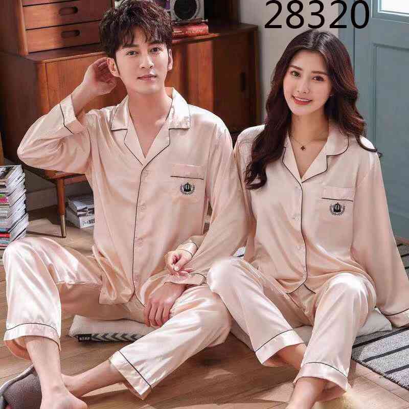 Love Heart New Simulation Silk Long Sleeve Couple Pajamas Sets on sale 23