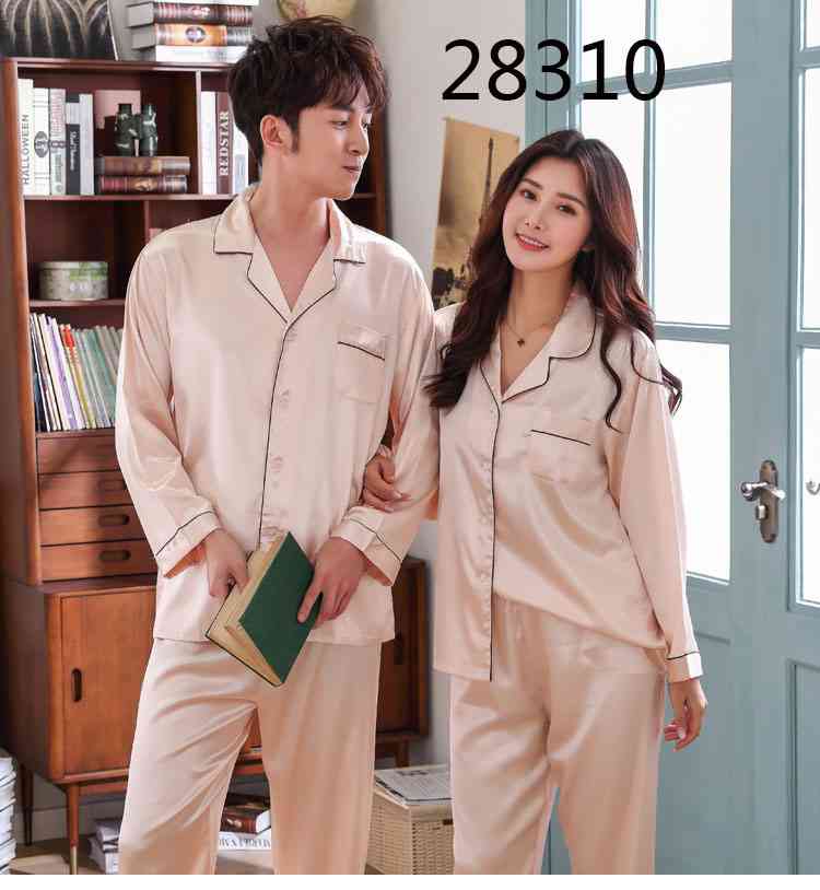 Love Heart New Simulation Silk Long Sleeve Couple Pajamas Sets on sale 24