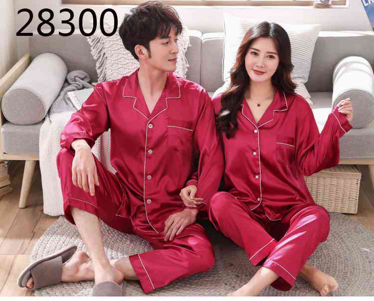 Love Heart New Simulation Silk Long Sleeve Couple Pajamas Sets on sale 25