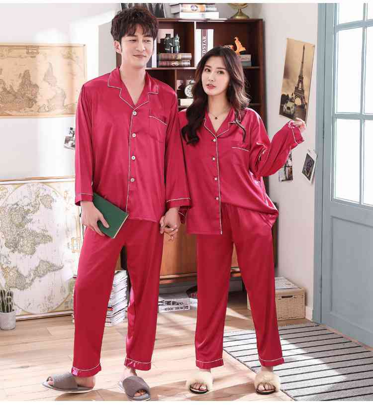 Love Heart New Simulation Silk Long Sleeve Couple Pajamas Sets on sale 1