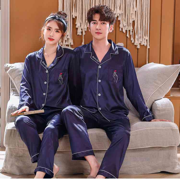 Love Heart New Simulation Silk Long Sleeve Couple Pajamas Sets on sale 2