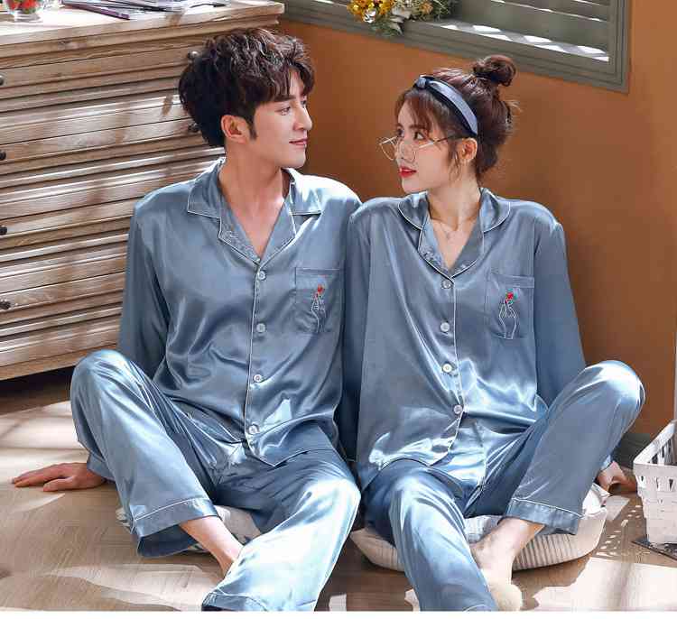 Love Heart New Simulation Silk Long Sleeve Couple Pajamas Sets on sale 3