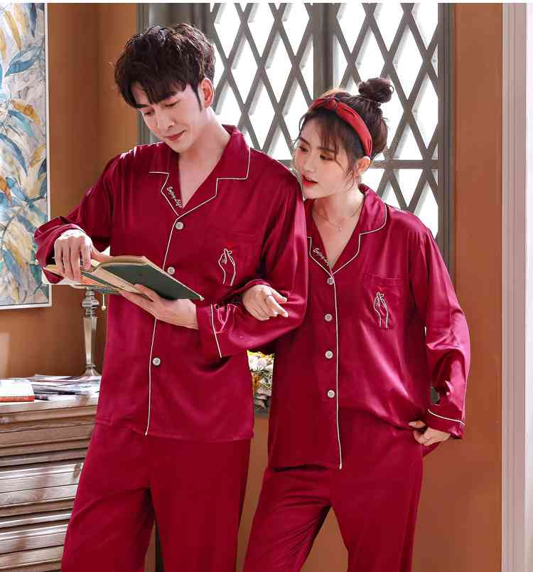Love Heart New Simulation Silk Long Sleeve Couple Pajamas Sets on sale 4