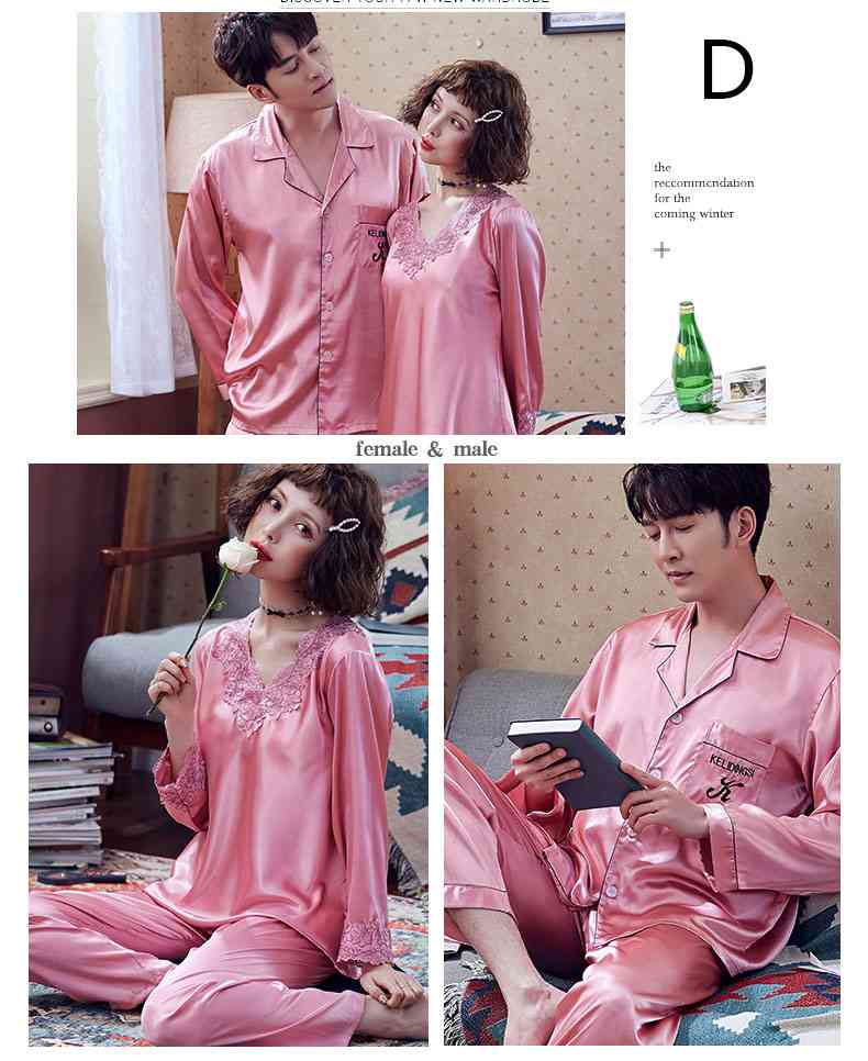 Couple Pajamas Ice Silk Sexy Thin Section Long-sleeve Home Service Suit on sale 6