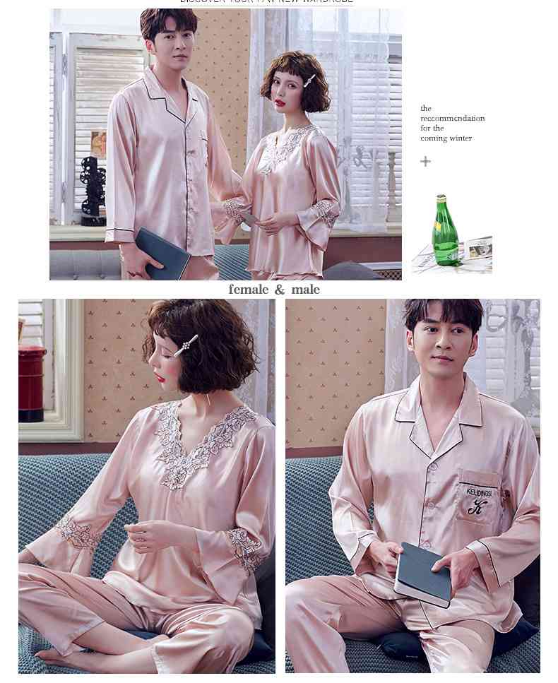 Couple Pajamas Ice Silk Sexy Thin Section Long-sleeve Home Service Suit on sale 1