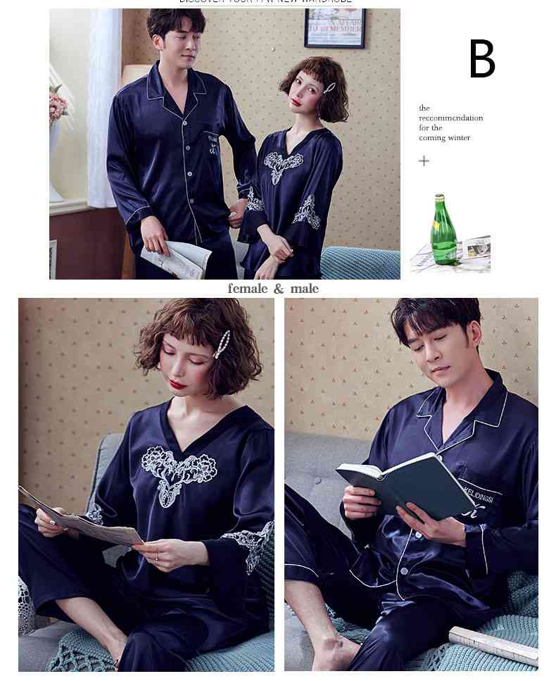 Couple Pajamas Ice Silk Sexy Thin Section Long-sleeve Home Service Suit on sale 3