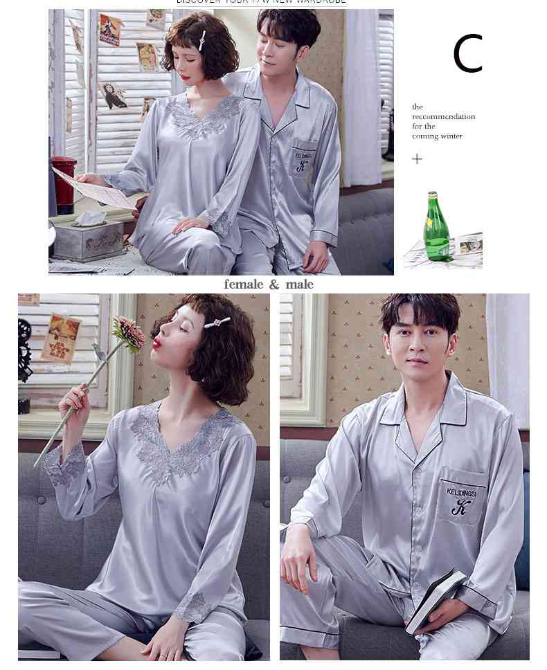 Couple Pajamas Ice Silk Sexy Thin Section Long-sleeve Home Service Suit on sale 4
