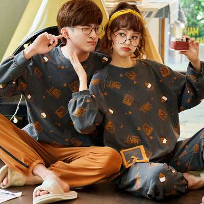 Autumn Korean simple round neck long-sleeved trousers casual two-piece Couple home service pajamas suit on sale 13