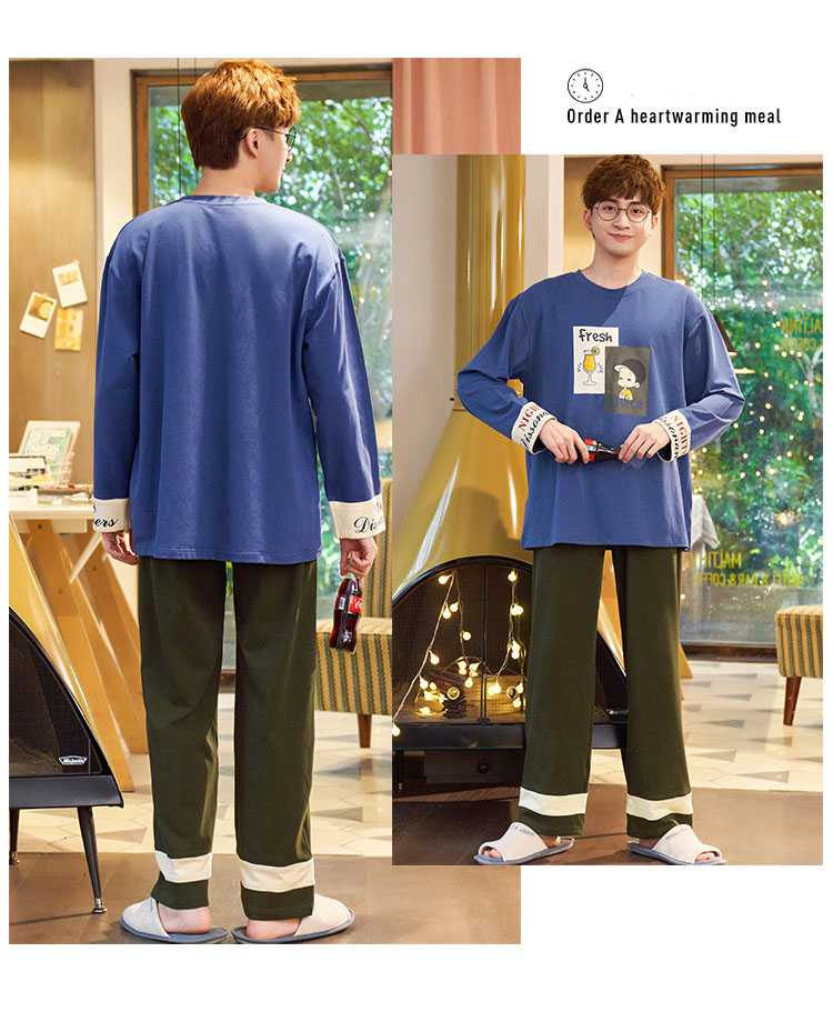 Autumn Korean simple round neck long-sleeved trousers casual two-piece Couple home service pajamas suit on sale 16